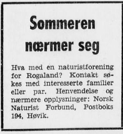 Annonse i avis, som etterlyser familier eller par til å starte naturistforening i Rogaland.
