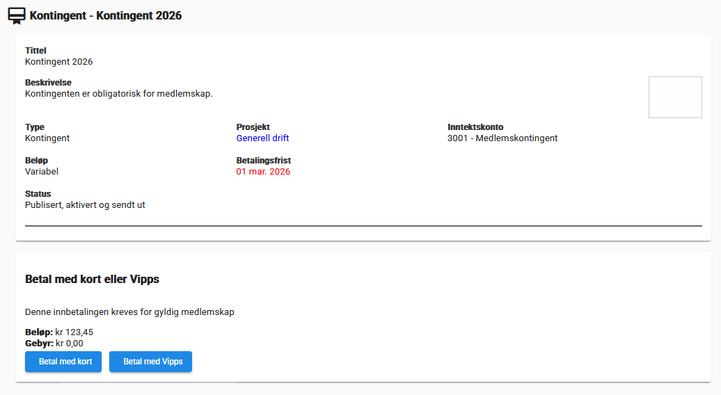 Skjermdump fra SmartOrg med betalingsinformasjon for kontingent
