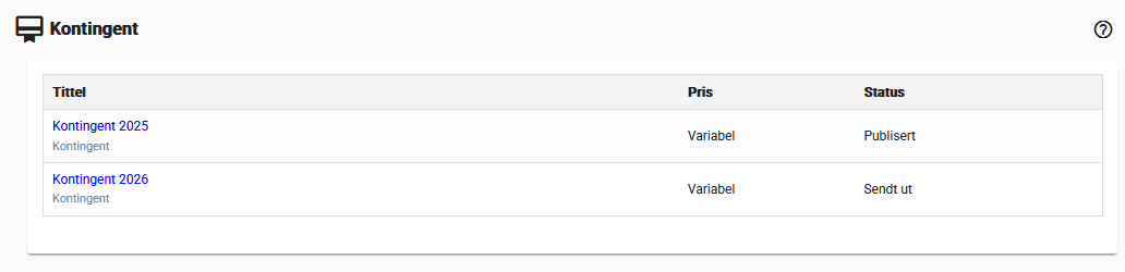 Skjermdump fra SmartOrg av liste av kontingenter.