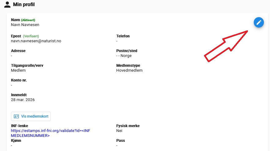 Skjermdump fra SmartOrg, profilsiden. Endre-knappen er merkert