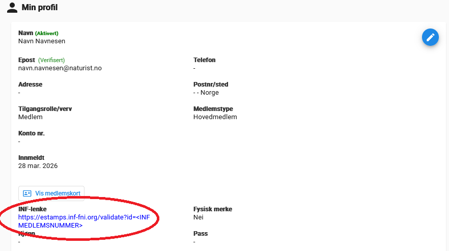 Skjemdump fra "Min Profil" i SmartOrg, med "INF-lenke" merkert