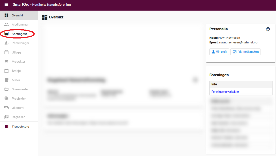 Skjermdump fra SmartOrg med "Kontingent" i menyen merkert