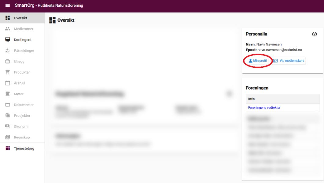 SmartOrg startside. "Min Profil" er merkert øverst i høyre hjørne